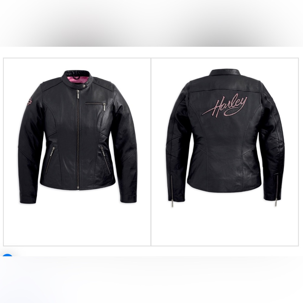 NWT Harley Davidson Women's black leather riding jacket w/pink rhinestones